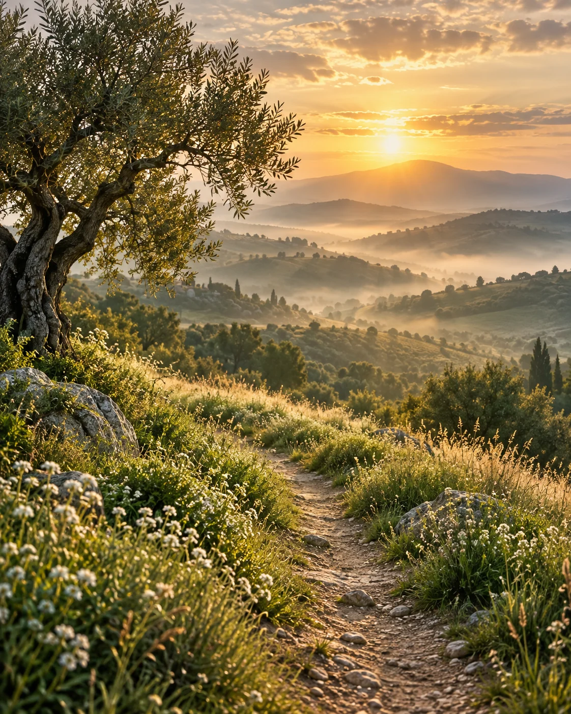 An imagined sunlit path through wildflowers and olive trees above misty hills